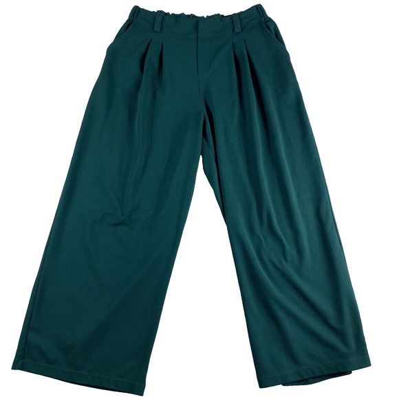 Halara Pants Women Sz L Emerald Green Wide Leg Pull On Elastic Waist Pleated - Picture 1 of 10